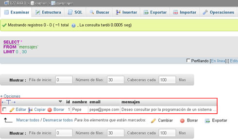 Content record database table