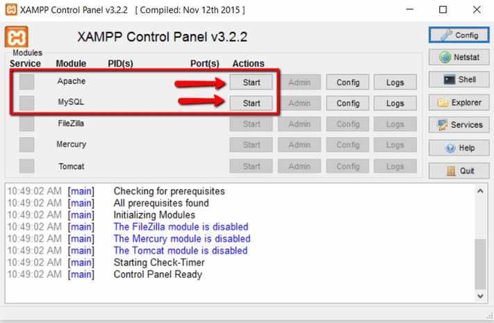Iniciar servicios en Panel de Control XAMPP