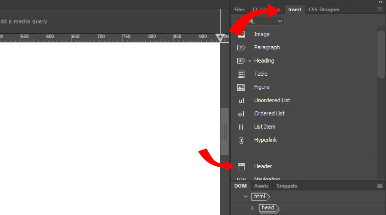 Insertar elemento encabezado en Dreamweaver