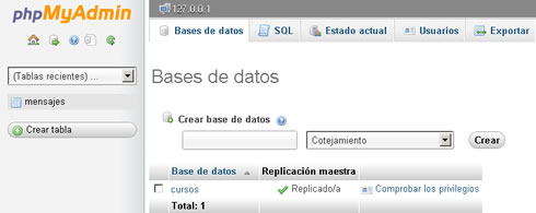 Seleccionamos la tabla "mensajes" de la base de datos "cursos"