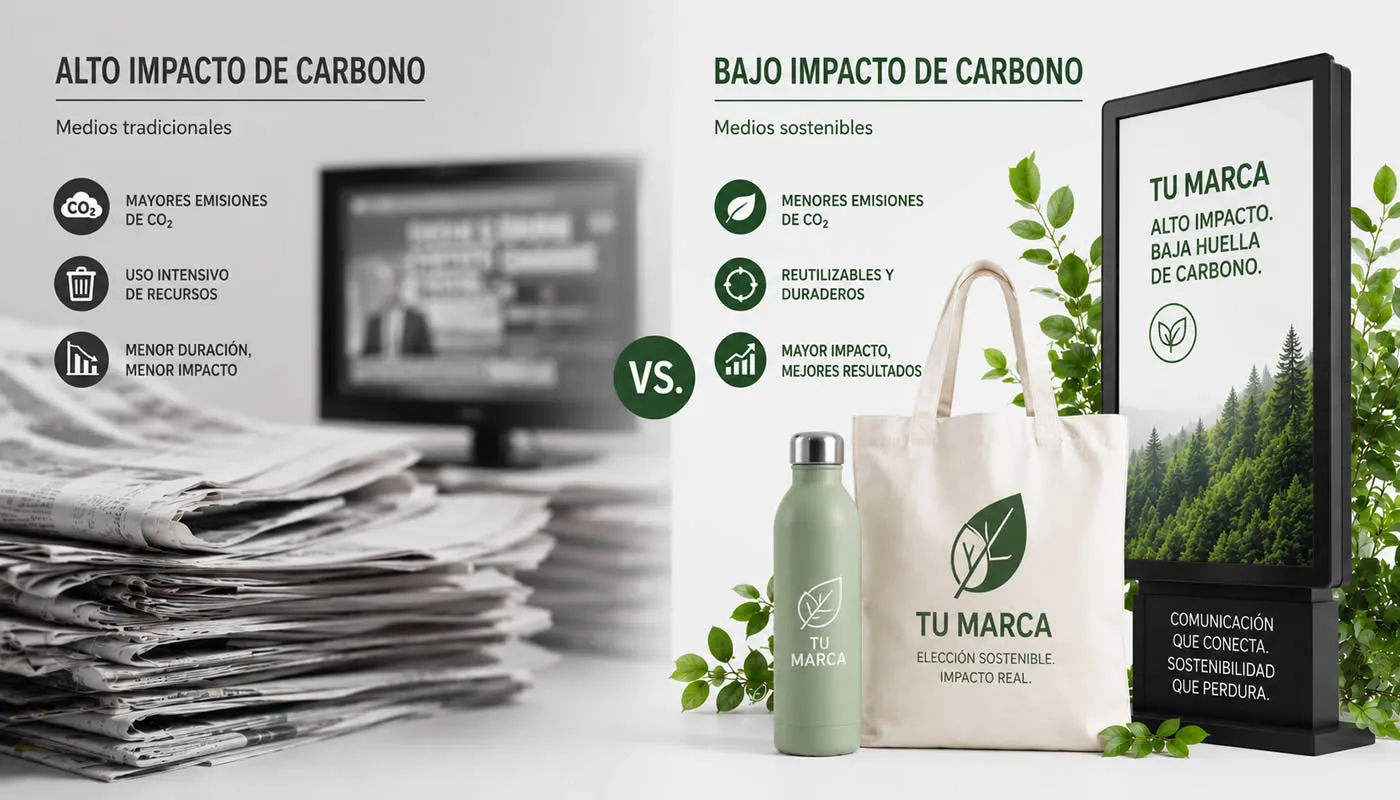 Comparación de la huella de carbono entre canales de medios
 - Descubre el impacto ambiental de los productos promocionales frente a la TV, prensa y digital. Datos clave sobre sostenibilidad en el marketing actual